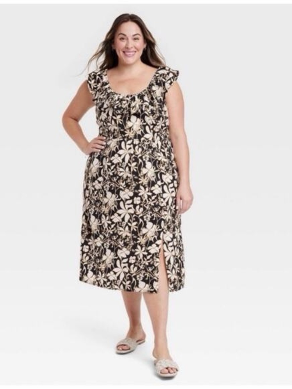Ava & Viv Black and Cream Floral Midi Dress